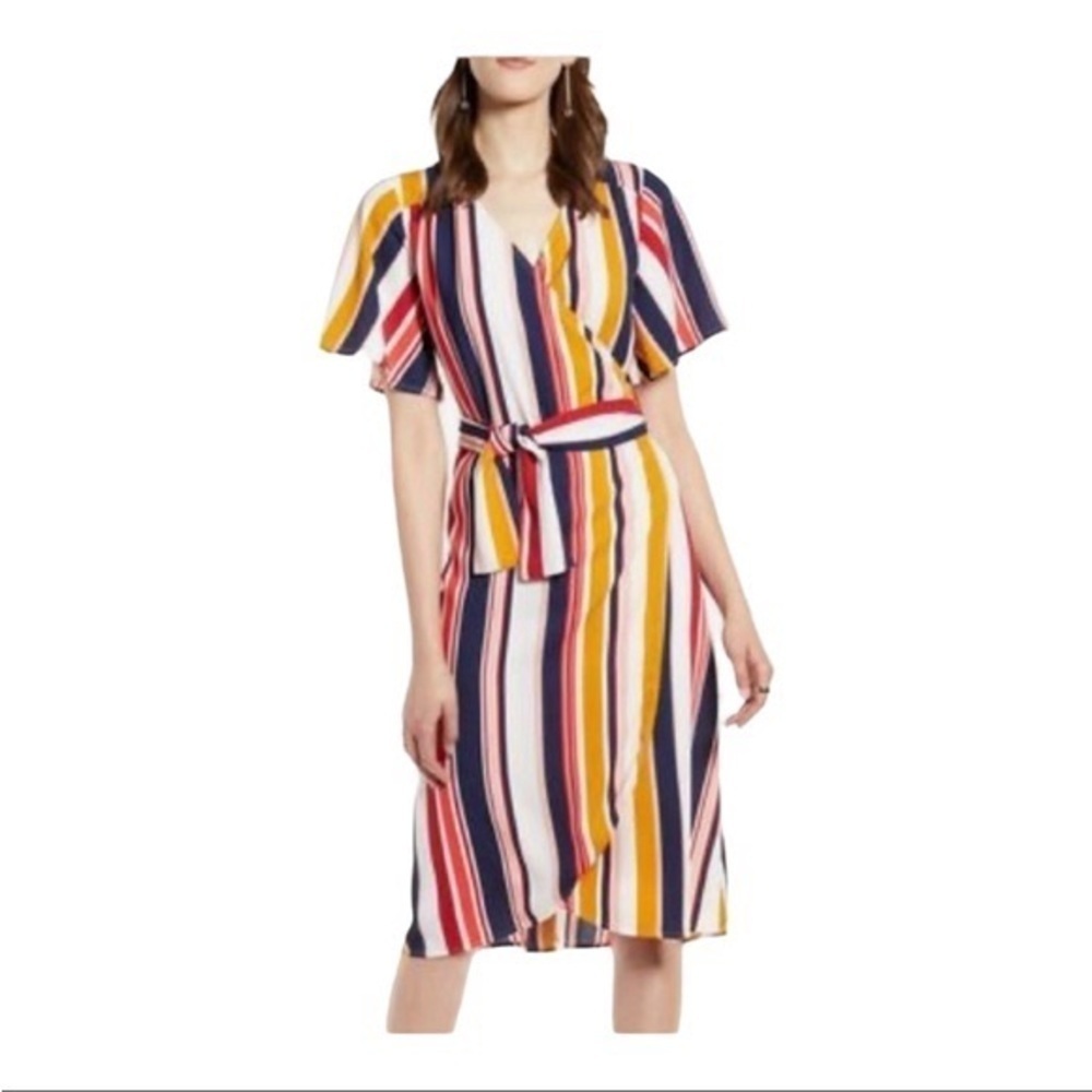 521- Halogen NWOT Size Medium (1) Multi-color Striped Wrap Dress